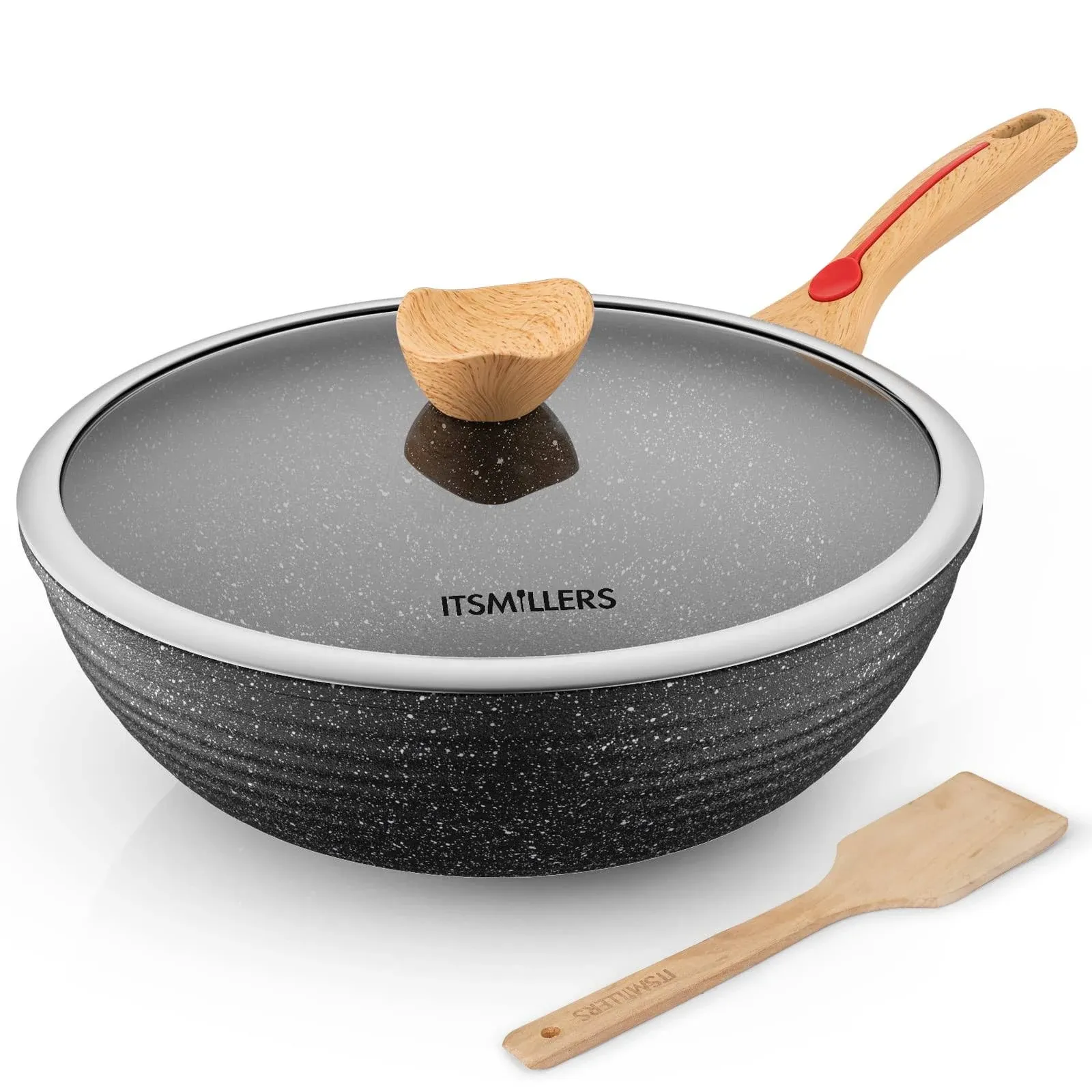 ITSMILLERS Chinese Wok Die-Casting Nonstick Wok Scratch Resistant with Lid and ...