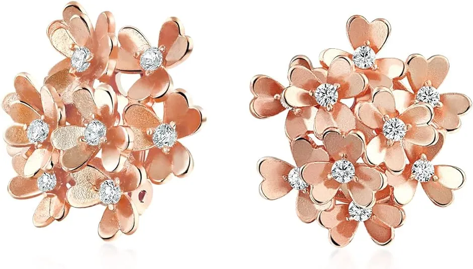 CZ Accent Bouquet Flower Clip On Earrings Silver Rose Gold Silver Plated Set