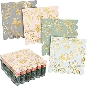 100 Pack Gold Foil Floral Paper Napkins for Wedding Reception, Scalloped Edges, 4 Colors, (English Garden, 5 x 5 In)