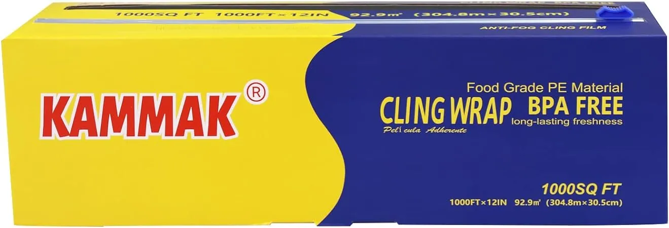 KAMMAK Plastic Wrap Food Cling Wrap with Slide Cutter 12 inch Food Service Cling Film Wrap Roll with Cutter Clear Refillable Stretch Film 1000 SQ FT Wrap Bulk Quick Cut for Restaurant, Kitchen