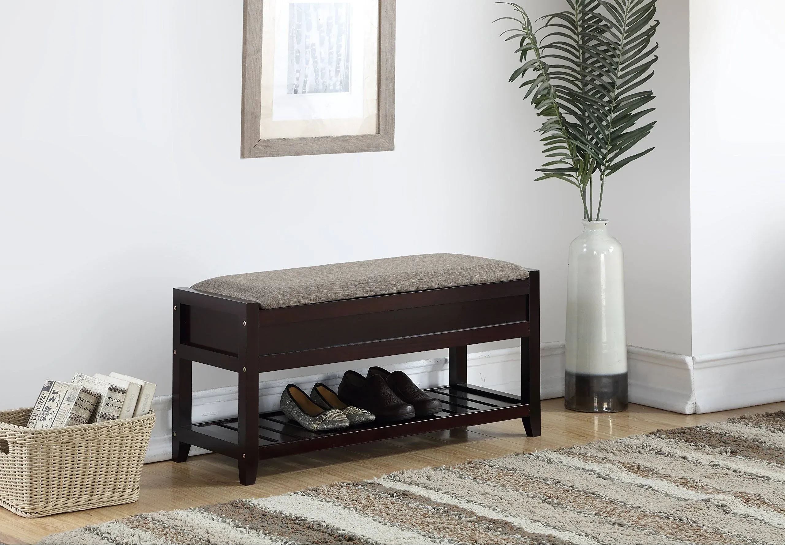 Roundhill Furniture Rouen Espresso Seating Bench with Shoe Storage,