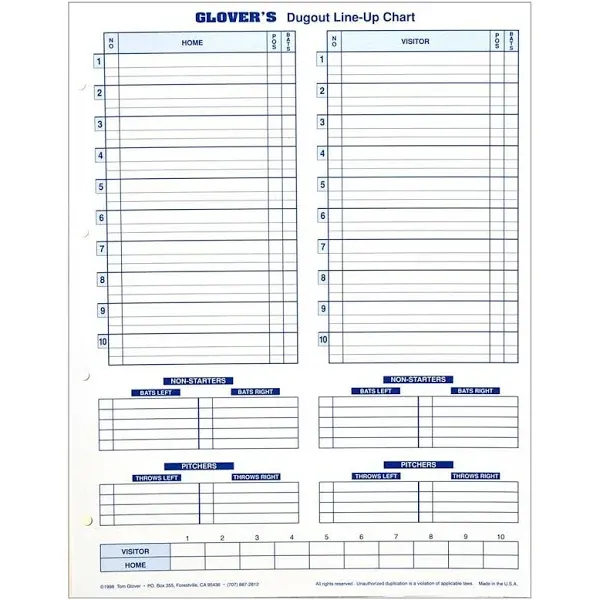 Glover's Scorebooks Dugout Line-Up Charts (11 x 14.5)