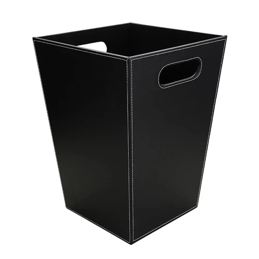 KINGFOM Classic Pu Leather Trash Can Wastebasket, Garbage Container Bin with Handles for Bathrooms, Powder Rooms, Kitchens, Home, Office and and High Class Hotel Square Black