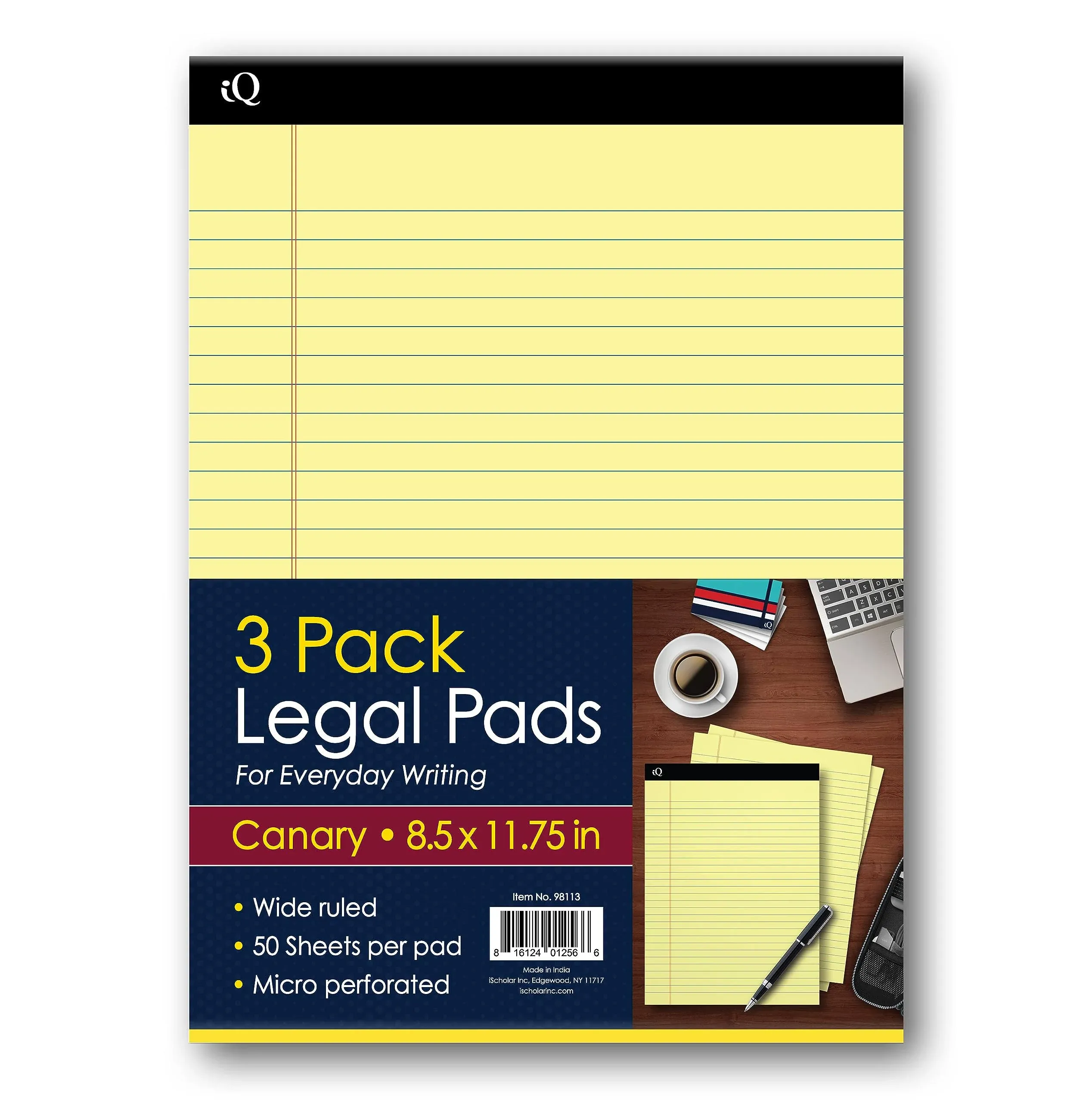 Iq Legal Pads, Canary, Wide Ruled, 8.5&#034; X 11.75&#034;, 50 Sheets per Pad, Pack of 3 P