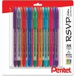 Pentel RSVP Medium Point Pens - Ballpoint - 1.0 mm - Clear Barrel - Assorted Ink Colors, Pack Of 16