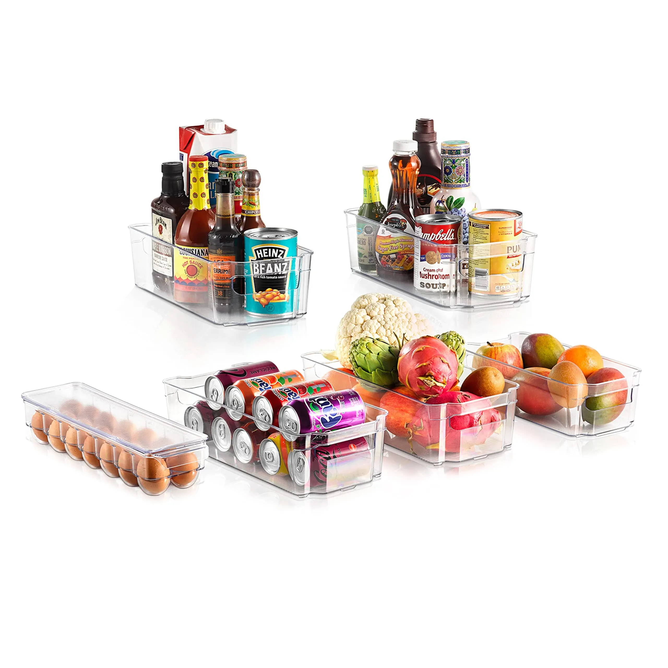 NutriChef 6-Piece Refrigerator Organizer Bins - Plastic Storage Bins with Egg Holder - For Fridge, Freezer, Kitchen, Cabinet, Countertops, Pantry - Stackable Food & Drink Containers, 14.5"x7" - Clear