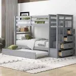 Cotoala Twin Over Twin Bunk Bed with Trundle and Staircase Bedroom Wo