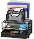 SimpleHouseware Mesh Desk Organizer with Sliding Drawer, Double Tray and 5