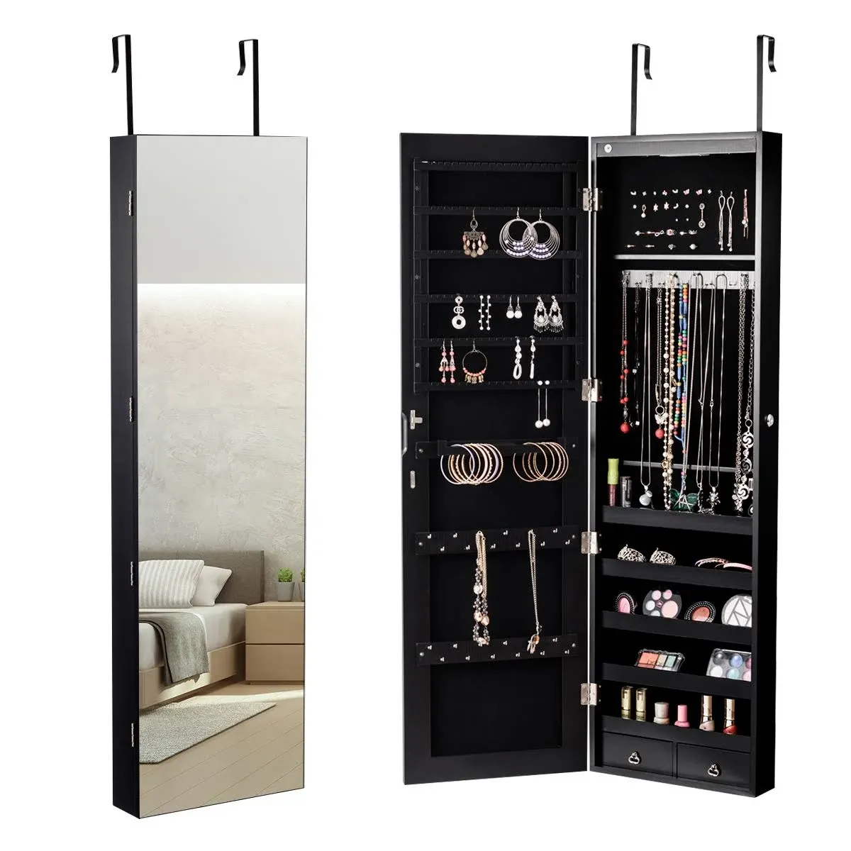 Costway Mirrored Jewelry Cabinet Jewelry Organizer w/2 LED Lights