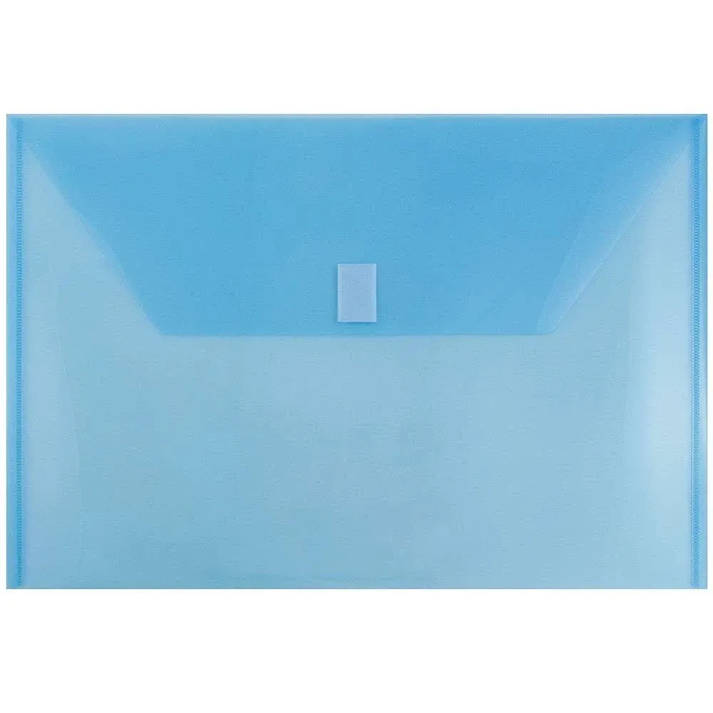 Jam Paper Plastic Booklet Envelopes, Legal size, 9 3/4" x 14 1/2", Hook & Loop Closure, Blue, Pack of 12