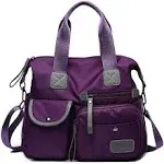 Women Lightweight Nylon Tote Bag Multiple Pockets Top Handle Handbag Ladies Purse Work Totes Travel Crossbody Shoulder Bag (Purple)