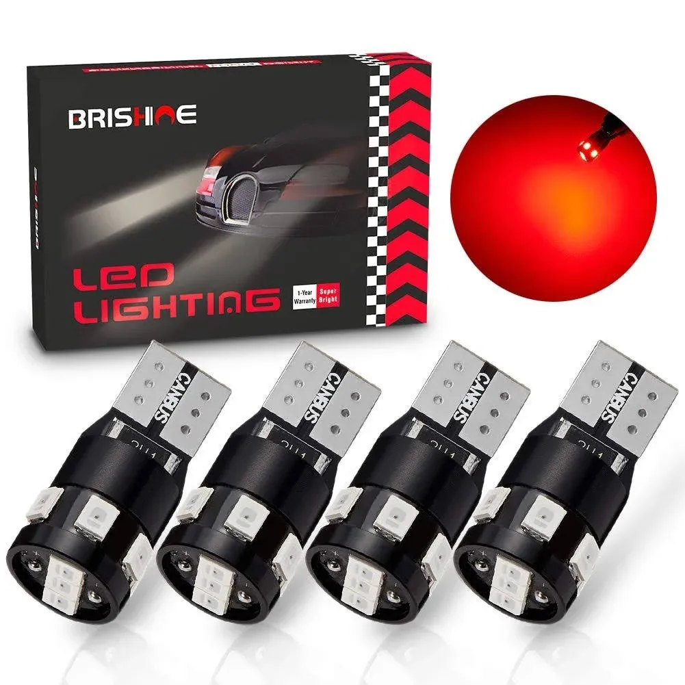 300LM Extremely Bright Canbus Error Free 194 168 2825 W5W T10 LED Bulbs Brilliant Red 9-SMD 2835 Chipsets for Map Dome Rear Side Marker Lights, Tail Center High Mount Stop Lights (Pack of 4)