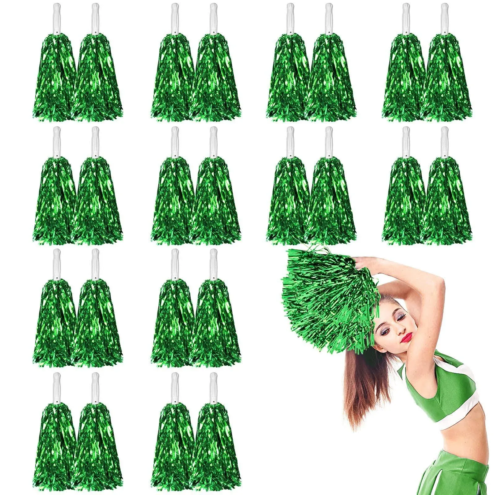 DILIBRA 24 Pcs Metallic Cheerleading Pom Poms for Kids, Cheerleaders Cheer Pom Poms with Baton Handle, Cheering Squad Hand Flower for Adults Team Spirit Sports Game Dancing Party