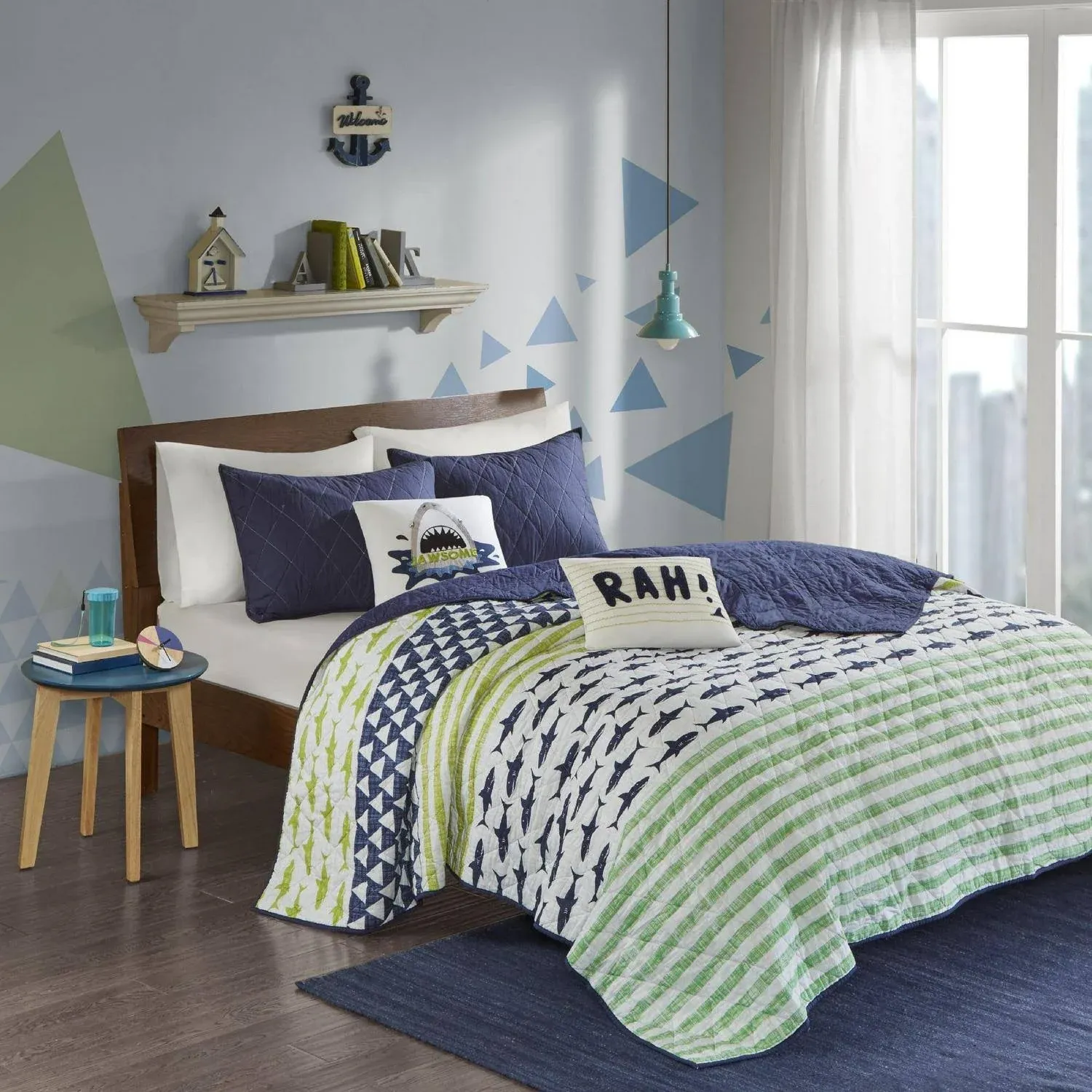 Urban Habitat Kids - Finn Shark Cotton Reversible Coverlet Set - Green / Navy - Twin