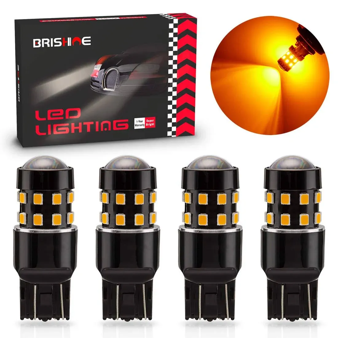 4-Pack Super Bright 7443 7440 992 T20 7444NA LED Bulbs Amber Yellow 9-30V Non-Polarity 24-SMD LED Chipsets with Projector for Turn Signal Lights, Side Marker Lights