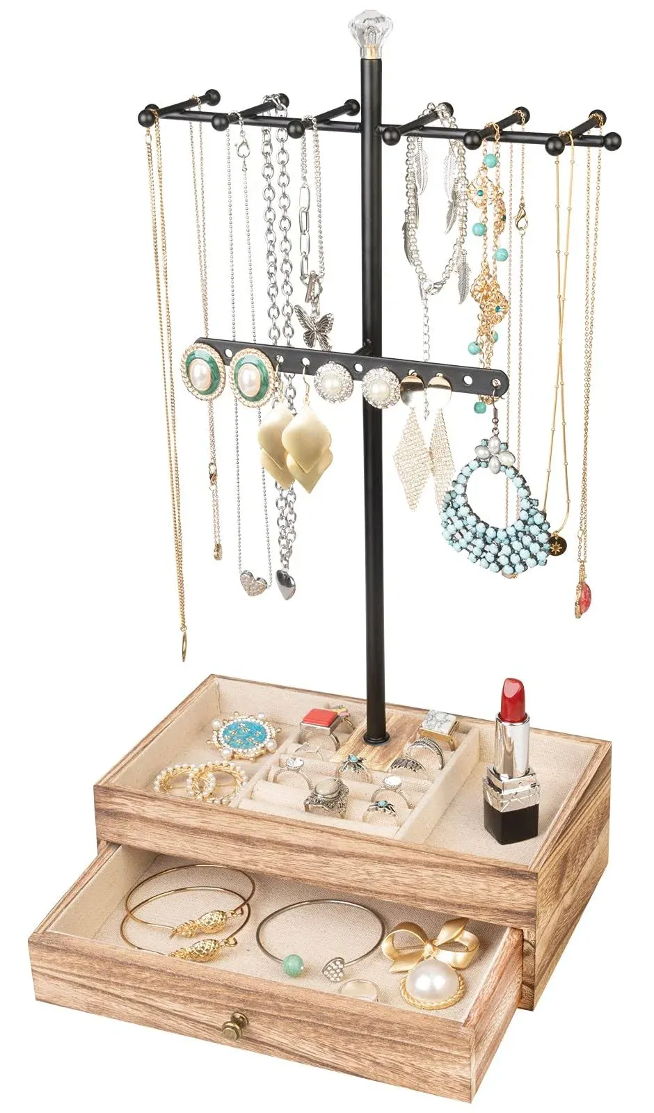 Meangood Jewelry Organizer Stand, 3-Tier Necklace Holder Jewelry Tree with Wooden Storage Drawer Box for Necklace Bracelet Earring Ring, Carbonized Black