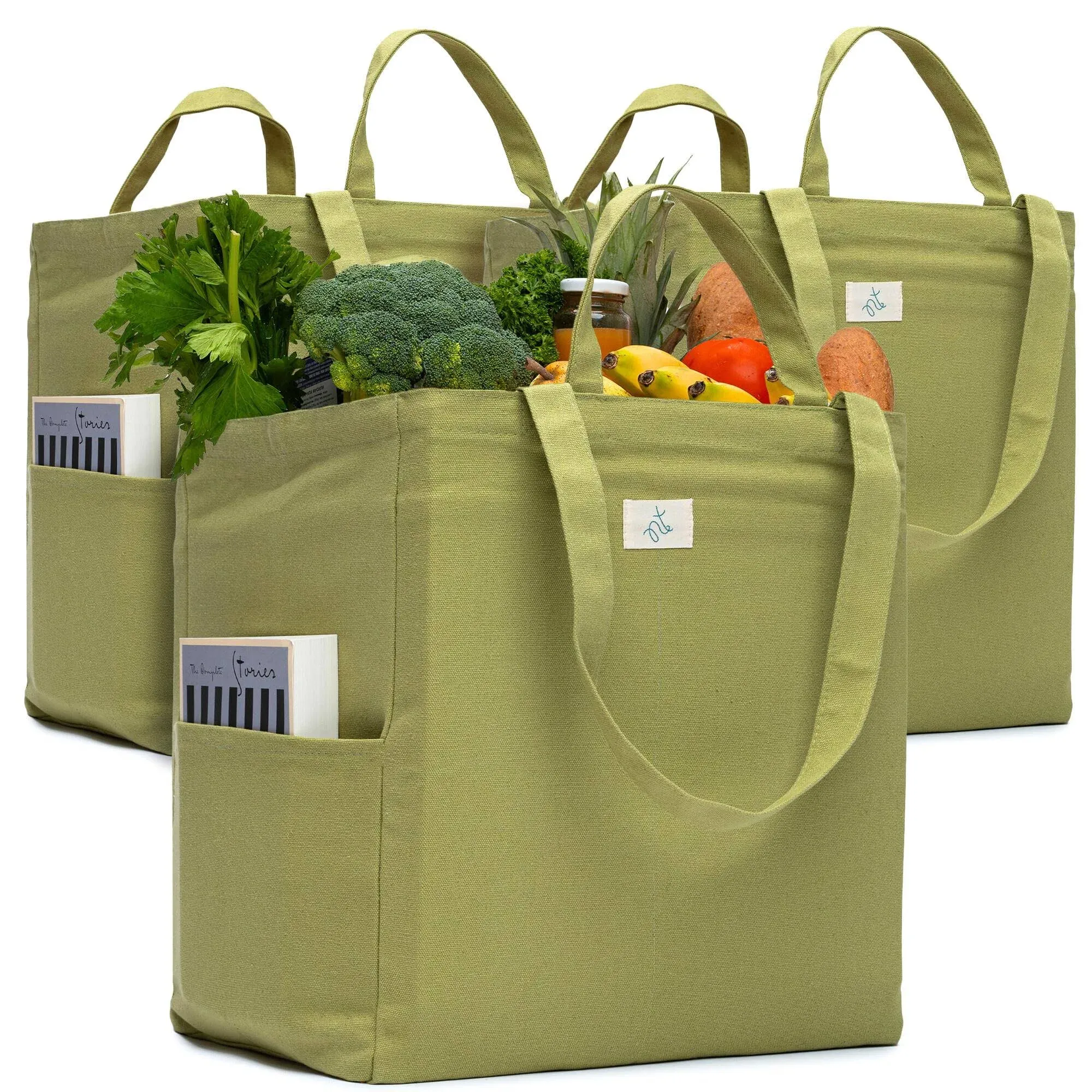 Nook Theory Heavy Duty Reusable Grocery Bags - 100% Cotton 12Oz Canvas Grocery Bags with Handles, Large Kitchen Grocery Bags, Reusable Shopping Bags for Groceries, Foldable Tote Bag (Sage)