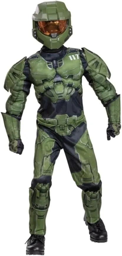 DISGUISE Halo Infinite Master Chief Costume, Kids Size Muscle Padded Video Game Inspired Character Jumpsuit (Medium (8-10)), Black