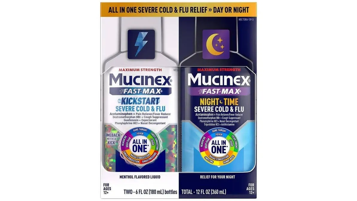 Mucinex Fast-Max Kickstart Severe Cold & Flu & Nighttime Severe Cold & Flu Liquid Medicine, 2x6 fl oz