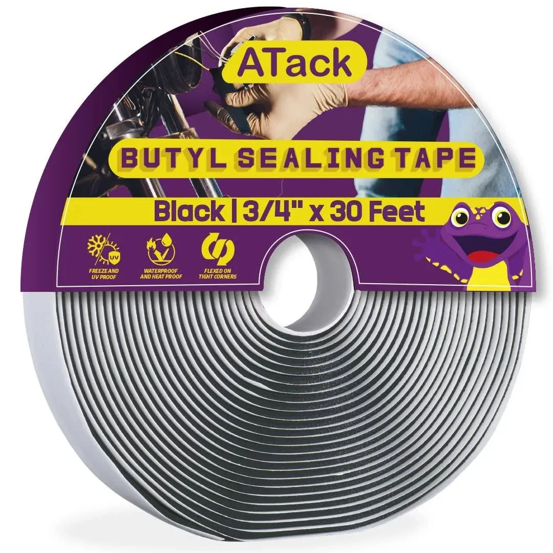 ATack Black Butyl Seal Tape 1/8-Inch x 3/4-Inch x 30-Foot Leak Proof Putty Tape for RV Repair, Window, Boat Sealing, Glass and EDPM Rubber Roof Patching