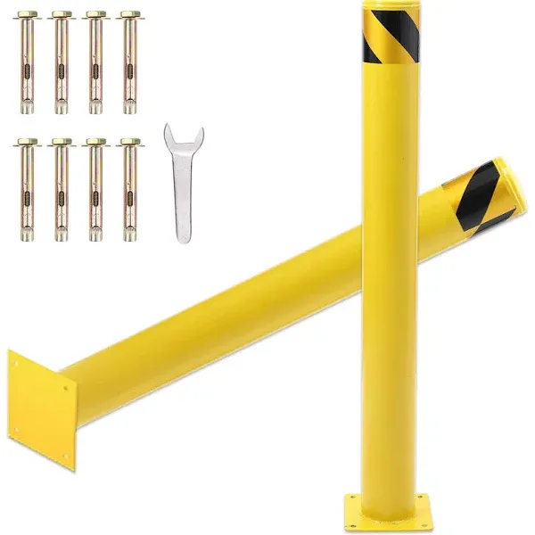 Safety Bollard, 48 Inch Height Bollard Post, 4.5 Inch Diameter Steel Pipe Safety Bollard Post, Yellow Steel Bollard, Steel Safety Bollard with 8 Free Anchor Bolts, Perfect for Traffic-Sensitive Area