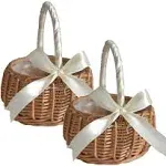 2PCS Wedding Flower Girl Basket Set,Wicker Rattan Flower Basket with Handle,Petal Basket Candy Storage Basket ,Rattan Box Home Decoration,White,5.9x7.5 in(210209HT07-12#WSW98)