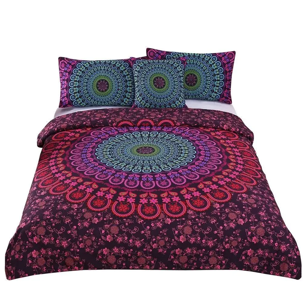 Sleepwish 4pcs Red Green Bohemian Duvet Cover Set King Size for Kids Teens Mandala Bedding Set Soft Romantic Boho Chic