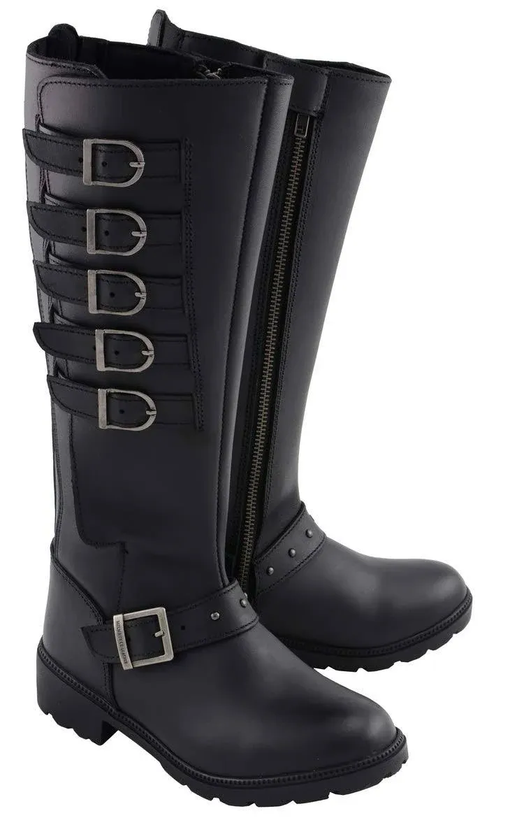 Milwaukee Leather MBL9395 Women's Black Leather 17-Inch Side Strap Riding Motorcycle Boots with Side Zipper - 8.5