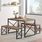 VECELO 43.3 Inch Dining Table Set for 4, Rectangle Dinner Breakfast Dinette with 2 Benches, Thickened Metal Frame & Board, for Kitchen, Living Room, and Small Space, 43.3", Rustic Brown