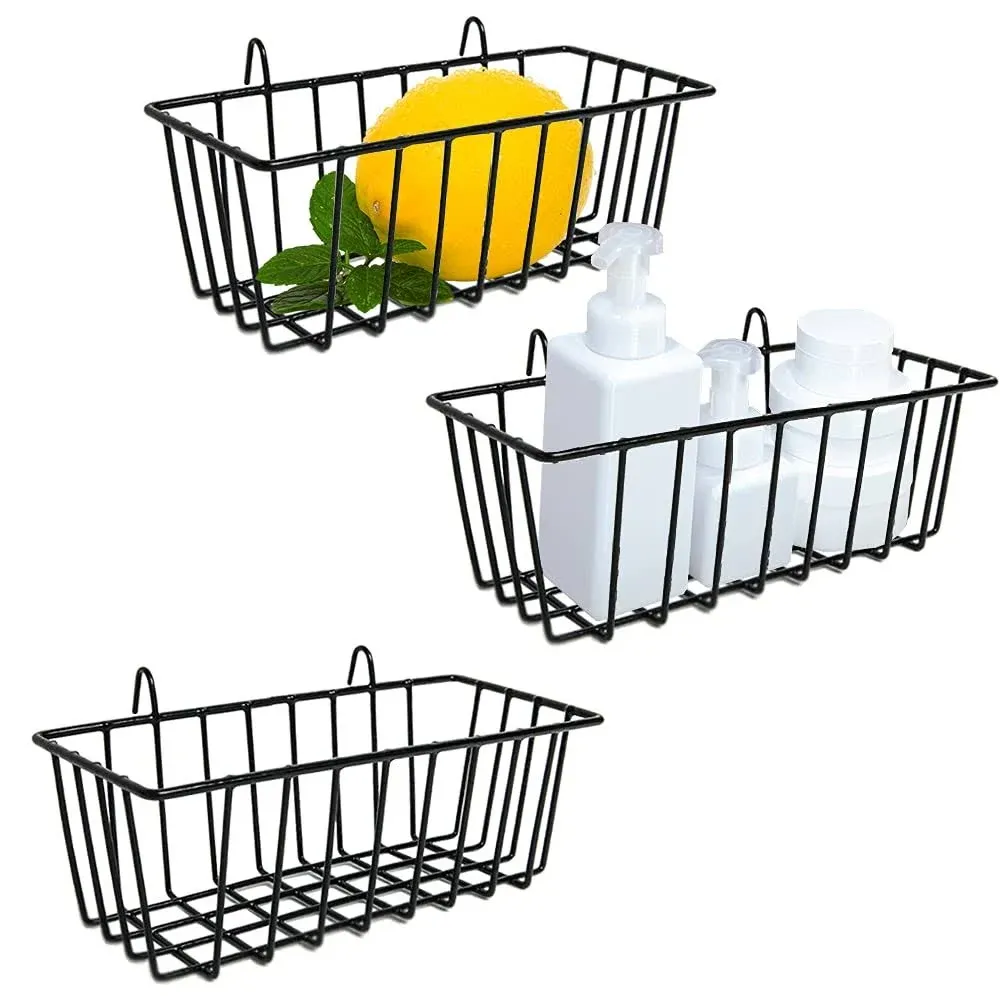 3 Pack Wall Grid Panel Hanging Wire Basket, Durable Iron, Black, 9X3.9X3.1 In