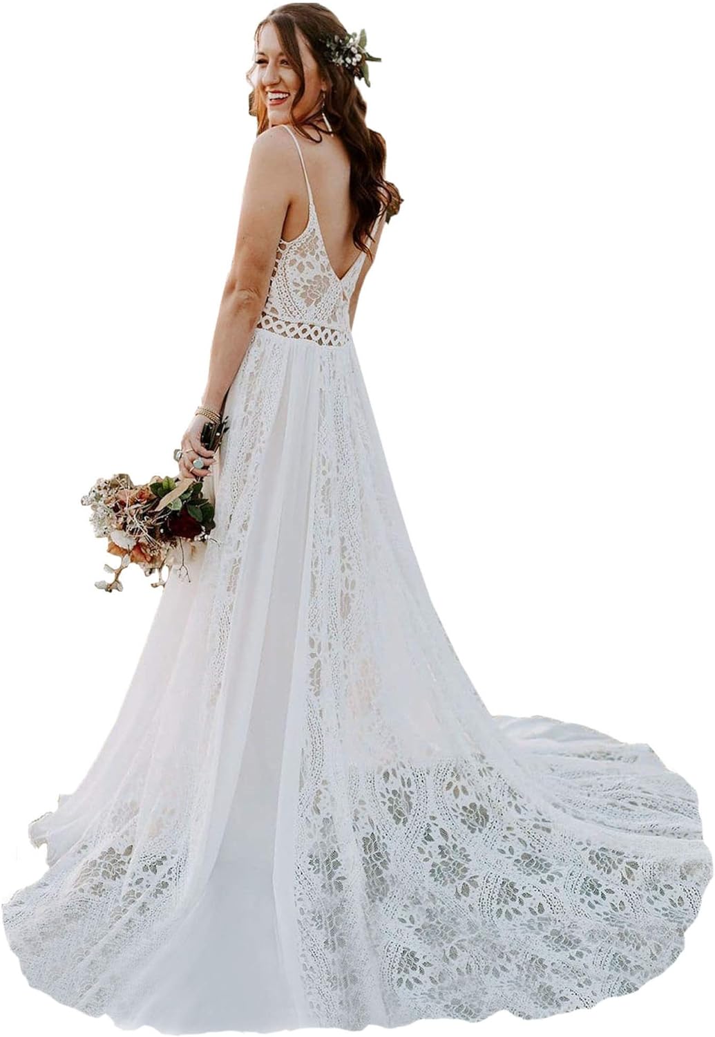 Bohemian Wedding Dresses Spaghetti Strap with Adjustable Drawstring Lace Bridal 