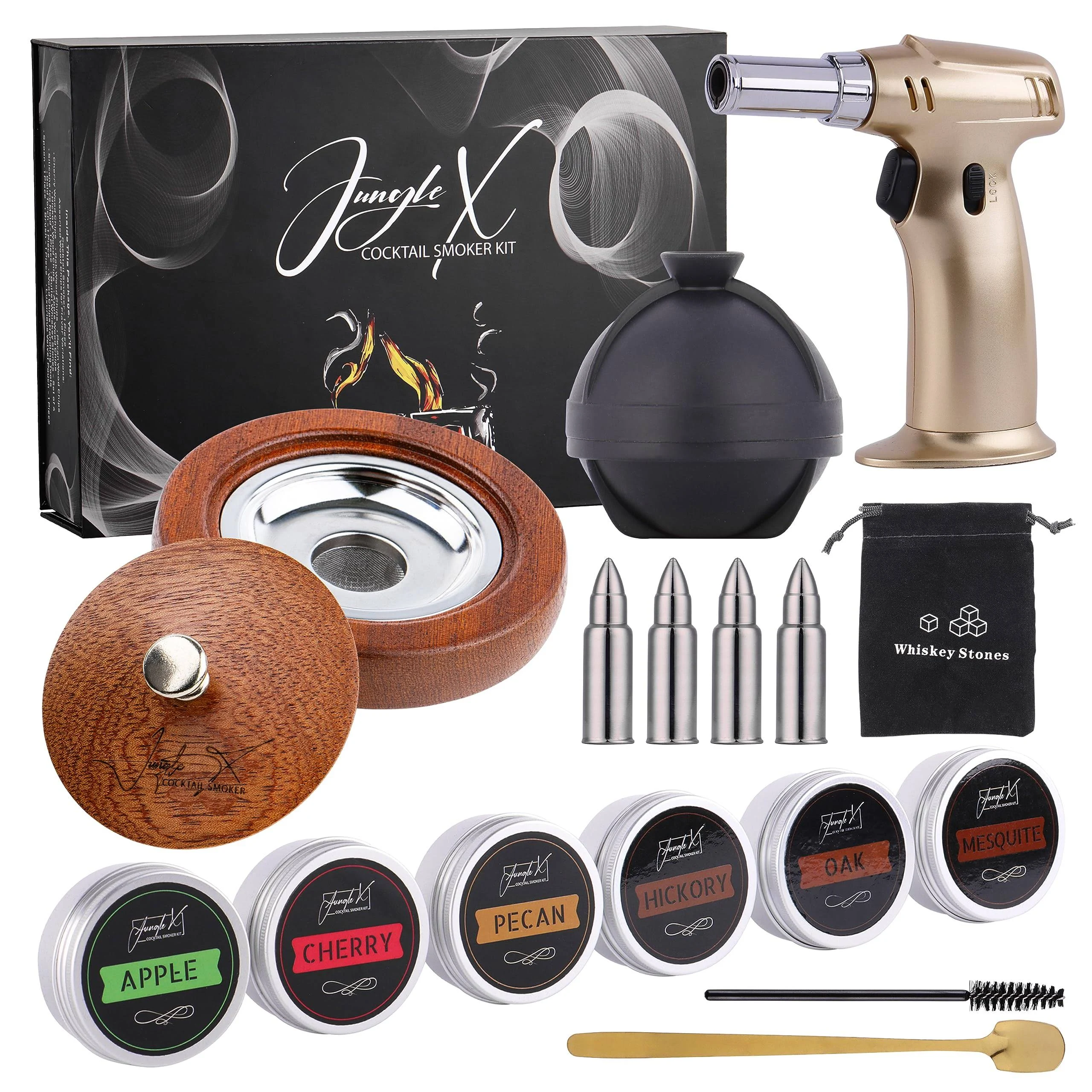 Cocktail Smoker Kit with Torch Including 6 Flavors Chip Woods - Old Fashioned Bourbon and Whiskey Smoker Set - Enhance Drinks, Cheese, and Meat - Great Men's Gift (Wood and Steel)