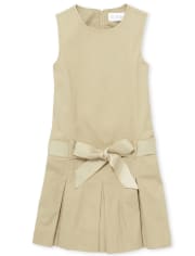 Girls Uniform Wrinkle Resistant Belted Jumper - Tan