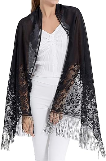 Riiqiichy Women's Floral Lace Mesh Party Prom Wedding Shawl Scarf with Fringe