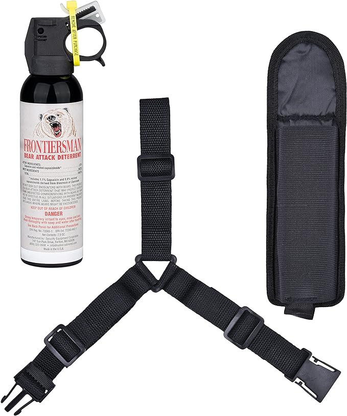 SABRE Frontiersman 7.9 fl oz. Bear Spray, Maximum Strength 2.0% Major Capsaicinoids, Powerful 30 ft. Range Bear Deterrent, Outdoor Camping & Hiking Protection, Quick Draw Holster & Multipack Options