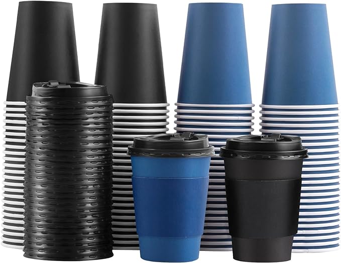 SIUQ 100 Pack 12 oz Disposable Coffee Cups with Lids Sleeves, to Go Paper Cups ...
