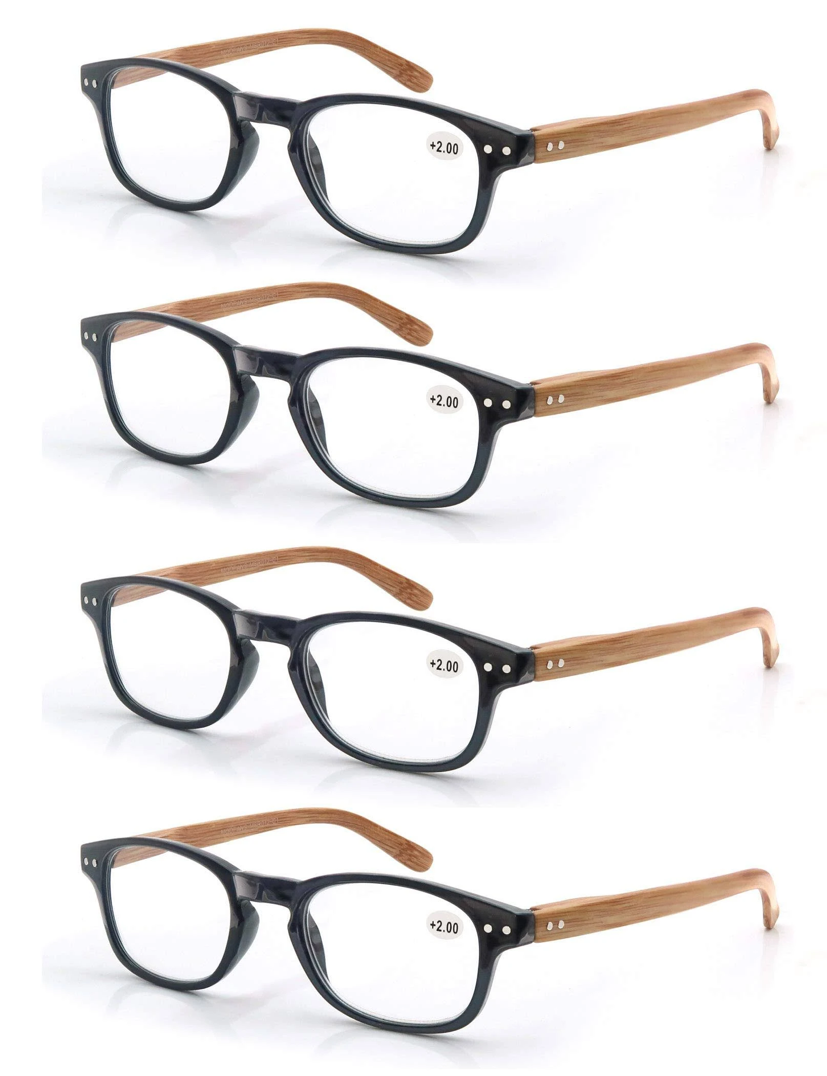 MODFANS 4 Pack Reading Glasses Fashion Wood-Look Spring Hinges Stylish Readers Men Women