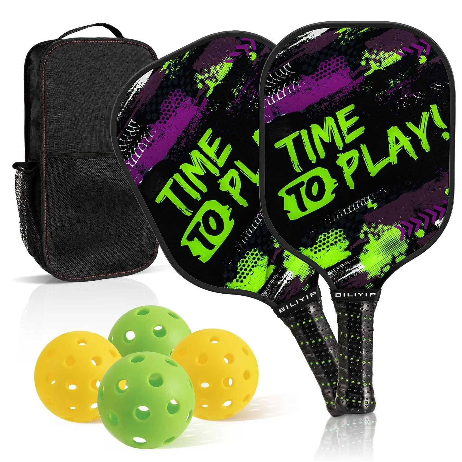 Pickleball Racket Set 2 Fiberglass Faced Ultra Lightweight Polypropylene Honeycomb Core Pickleball Racket, 4 Balls 2 Cushioned Grips Portable Racket Gift Kit Men Women Kids Indoor Outdoor