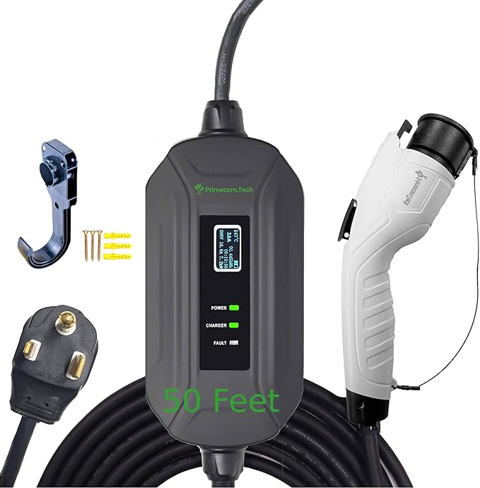 PRIMECOM Level 2 EV Charger 220/240V, 16A, 30ft & 50ft, Portable EVSE Electric Vehicle Charging Cable Compatible with Bolt Volt Leaf BMW i3 Fiat 500e Clarity NIRO Prius (50 Feet, 6-50P)