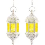 2 Pcs Moroccan Lantern Metalwork Hanging Tealight Candle Holder Metal Glass Indoor Outdoor Battery Operated LED Flameless with 13.8 inches Chain, White