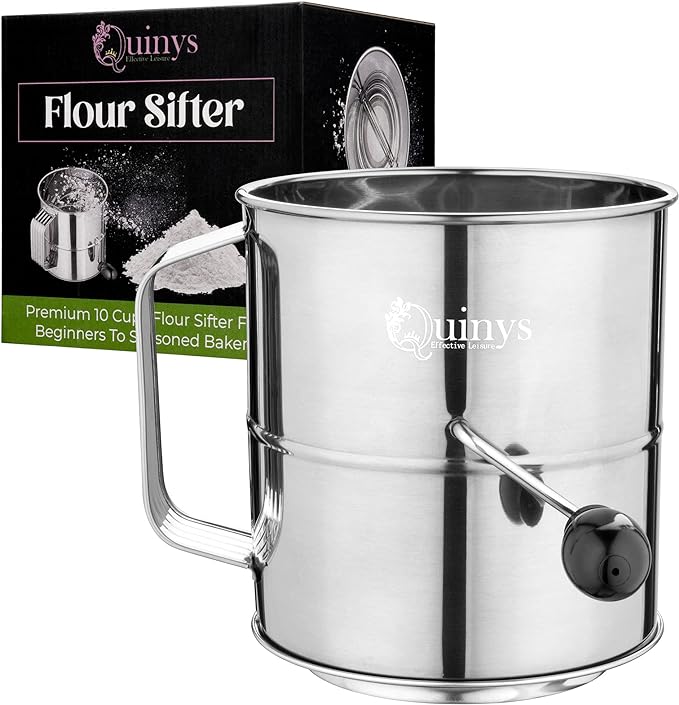 quinys 8 Cup Flour Sifter with Fine Mesh Stainless Steel Rotary Hand Crank and Agitator Wire Loop, Sugar Sifter - Corrosion R