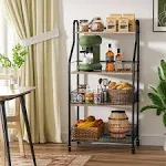 Microwave Stand with Storage 4-Tier, Bakers Racks for Kitchens, Coffee Cart Microwave Cart with Storage, Metal Bakers Rack with Storage, Coffee Cart with 5 S-Hooks