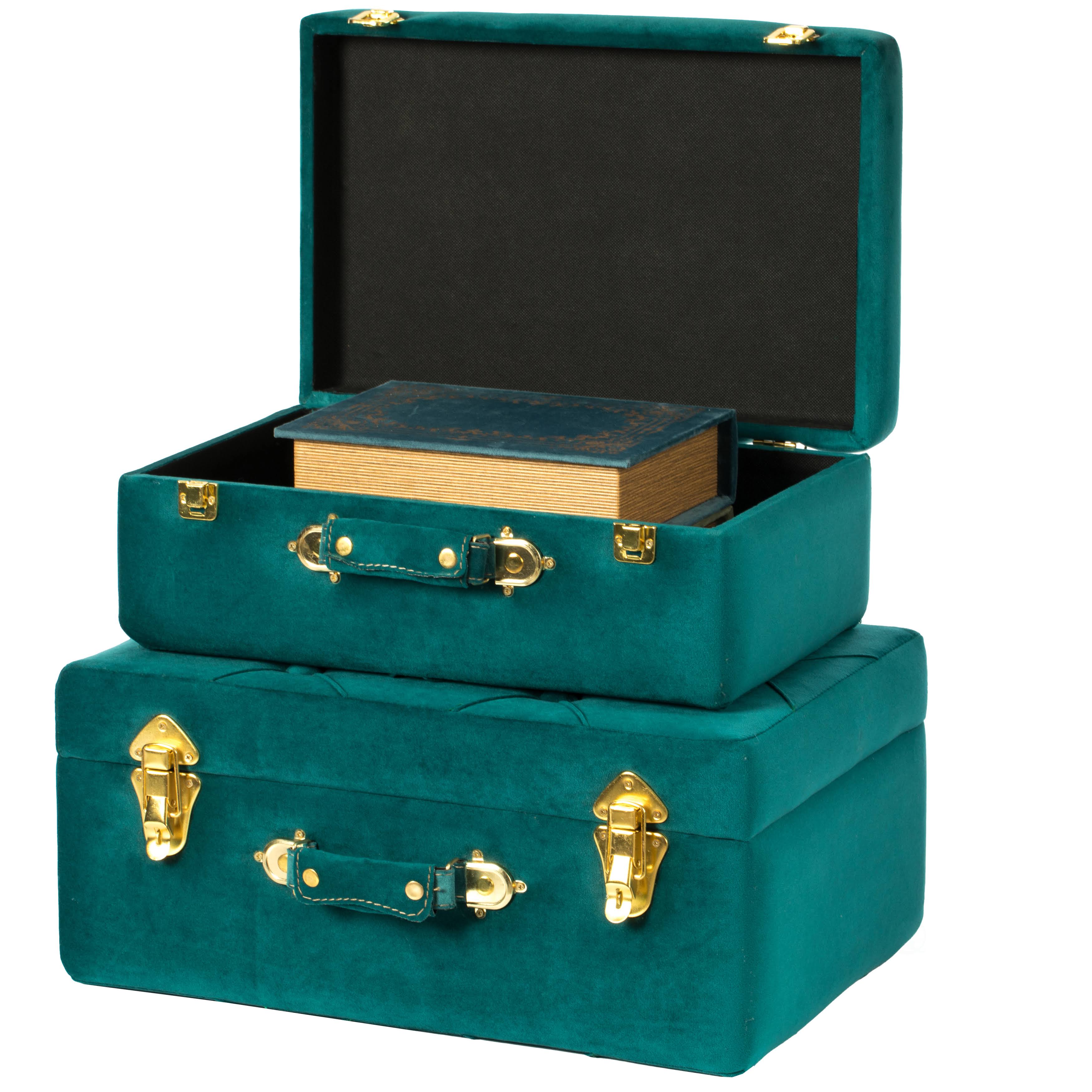 Vintiquewise Decorative Tufted Velvet Suitcase Treasure Chest Set of 2, Green