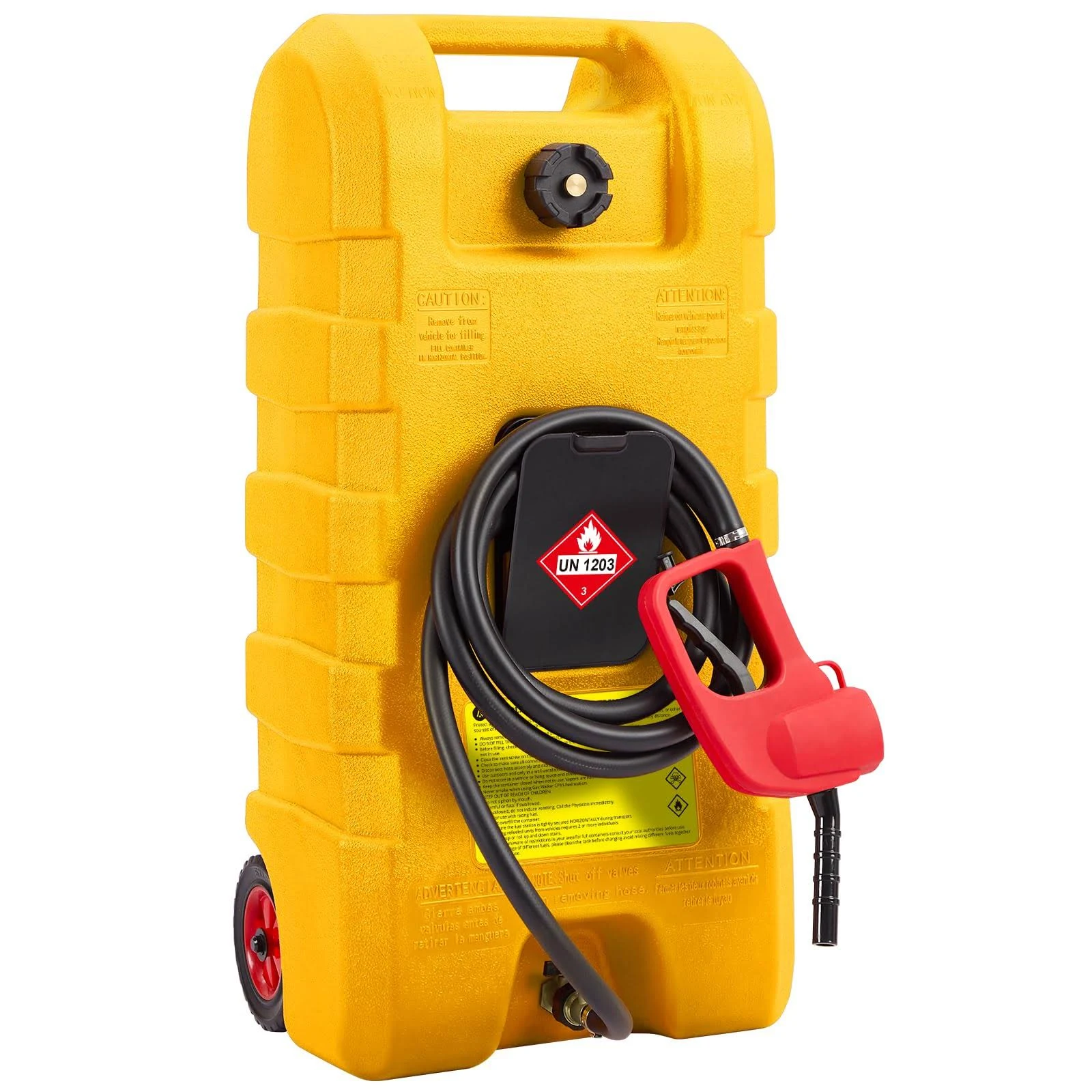 15 Gallon Fuel Caddy, Portable Gas Tank with Fluid Transfer Siphon Pump and 10-Foot Long Hose, Diesel Fuel Tank Gasoline Can with Manual Transfer Nozzle, 7.5 L/min, Yellow