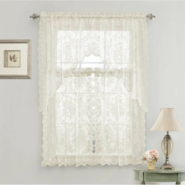 Kate Aurora Shabby Living Lena Floral Lace Complete Kitchen Curtain Tier & Swag Set - White