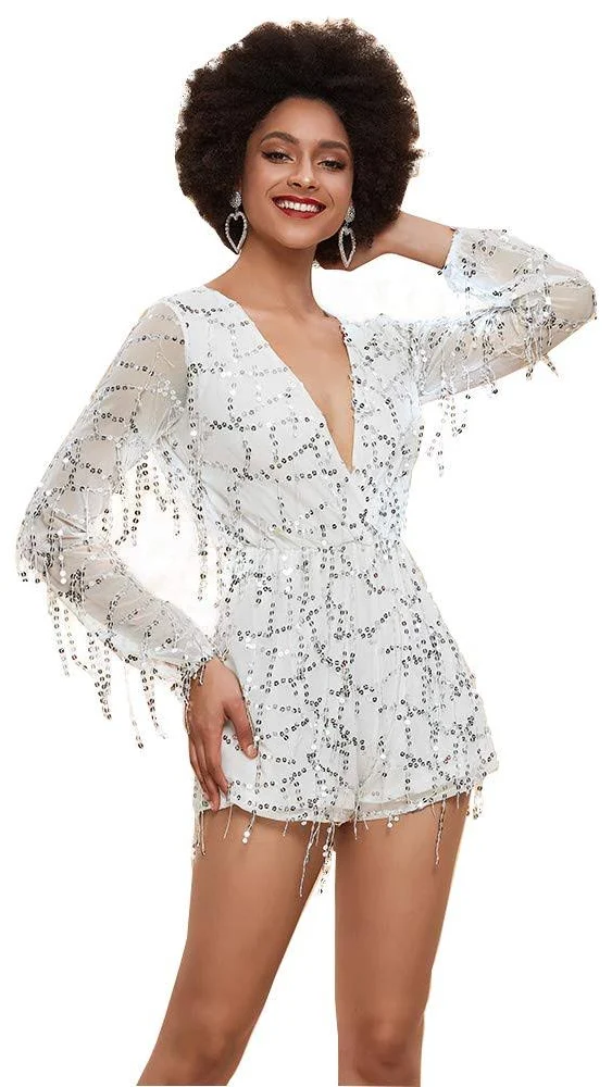 Miss ord Long Sleeve Slim Soft Lining Casual Jumpsuit Romper with Sequins - Latin Tango Salsa Dance Pants