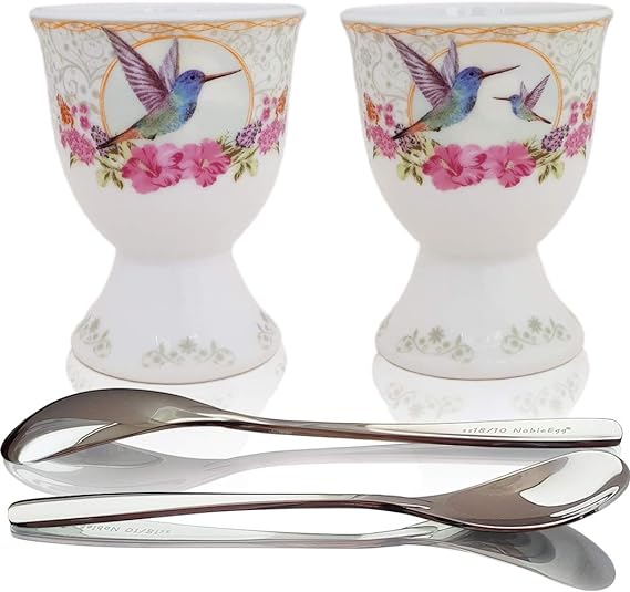 Egg Cups for Soft Boiled Eggs - Vintage Style Porcelain Egg Cups Holders, Authentic Egg Spoons 18/10 Stainless Steel