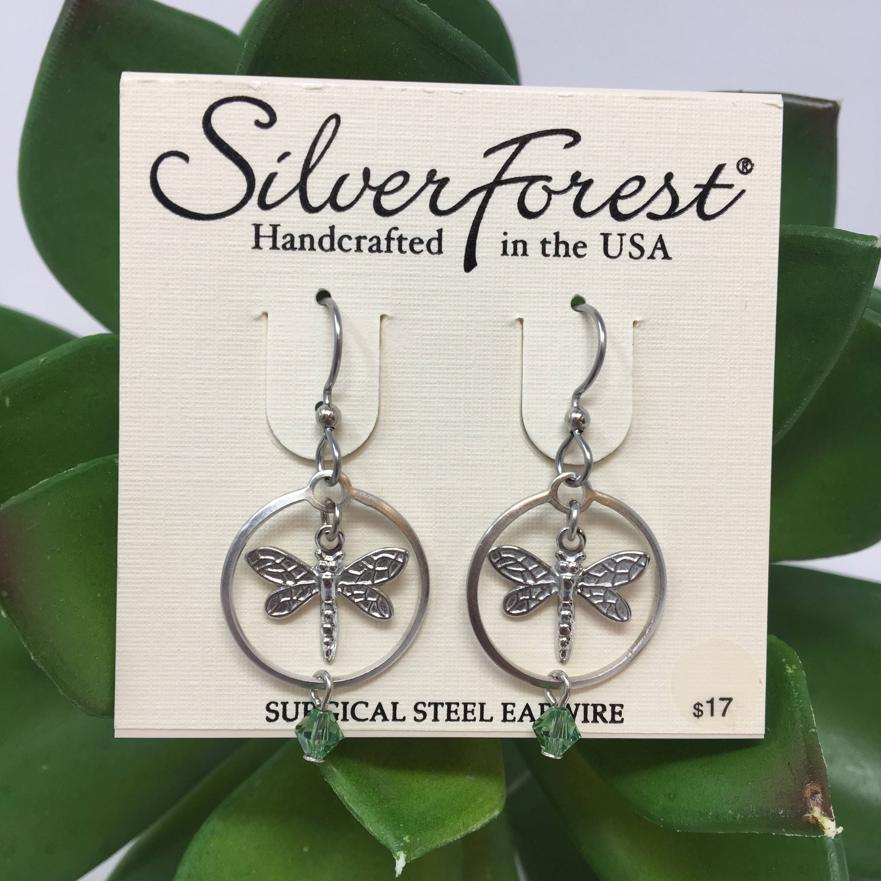 Silver Dragonfly in Circle w/ Bead Drop Earrings