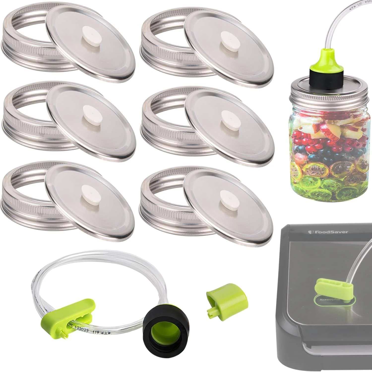 Fermenting Lids, Vacuum seal cap Compatible with FoodSaver Vacuum Sealer, Food Storage/fermentation lids/Freshness Mason Jar Vacuum Seal Lid,6 set stainless Steel Lids+Accessory Hose,86mm