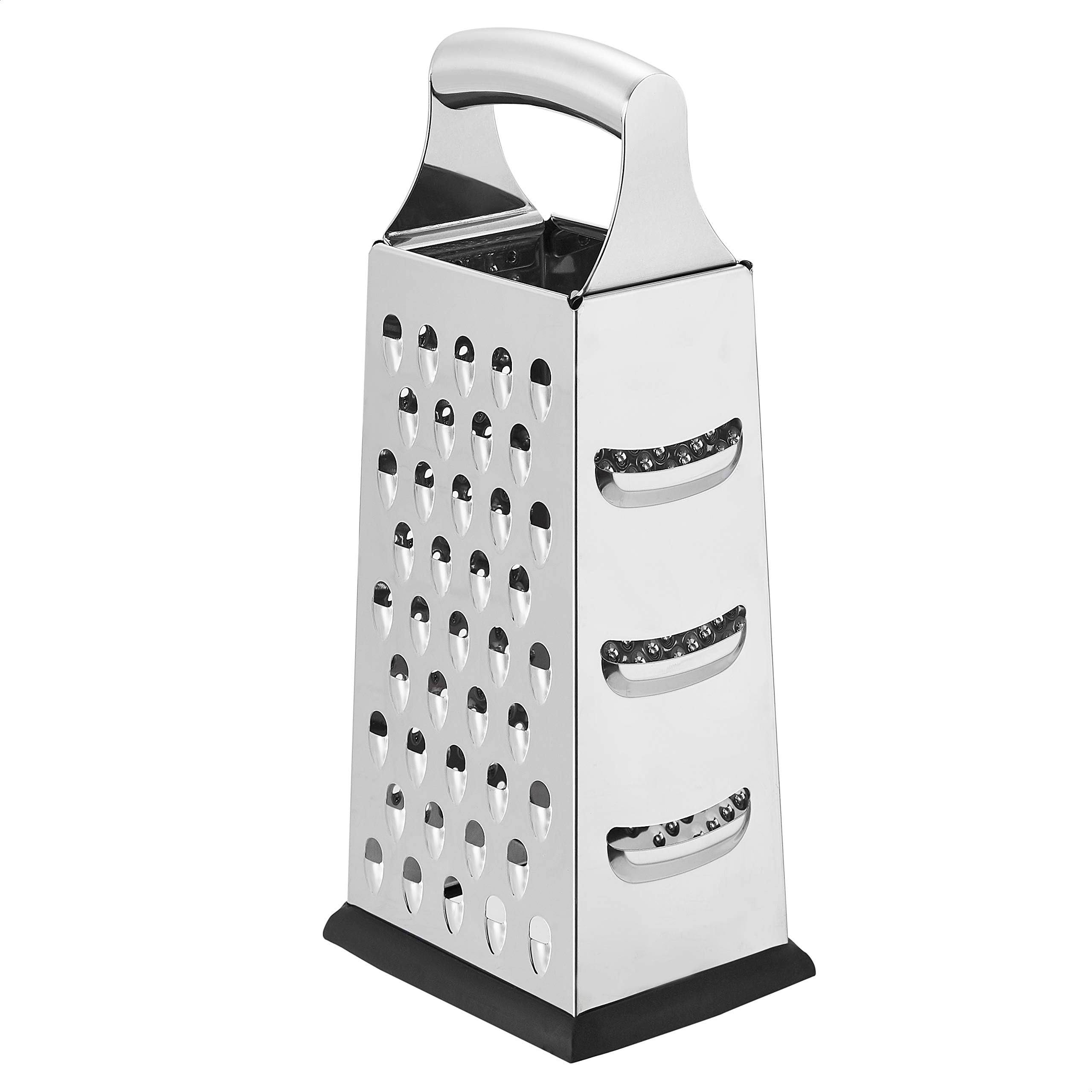 Amazon Basics Cheese Grater, Stainless Steel, 4-Sided Box Grater with Non-Slip Base, Dishwasher-Safe, Rectangular,9 Inch, Black (Previously AmazonCommercial brand)